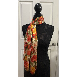 Vintage Rose Print Sheer Scarf Red/Orange Floral Romantic Rectangle Lightweight